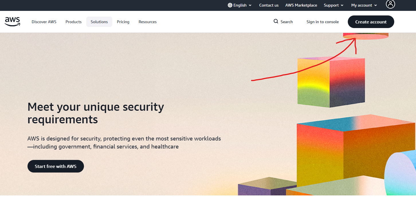 AWS homepage with Create account button